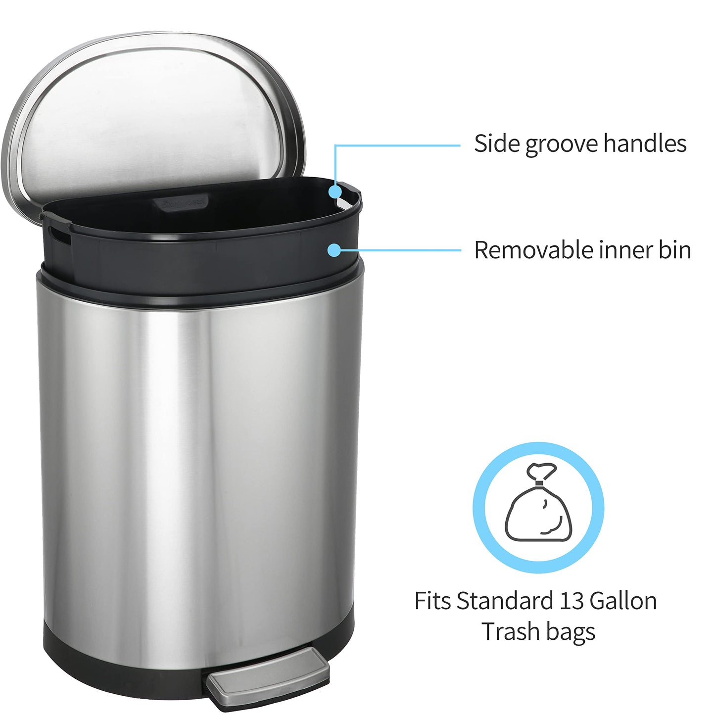 Simplykleen-Fit 11.8-Gallon 45 Liter Semi-Round Stainless Steel Trash Can with Lid, Metal Garbage Can Trash Bin with Soft-Close Foot Pedal, Large Garbage Bin for Bathroom, Kitchen, Office